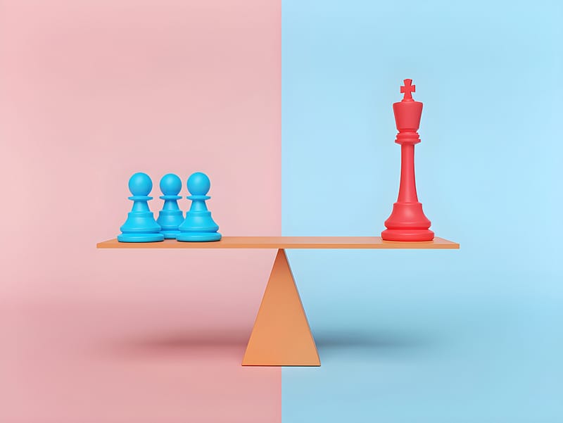 chess king and pawn standing on a balance. isolated on abstract pastel colors background. creative minimal concept. 3d rendering